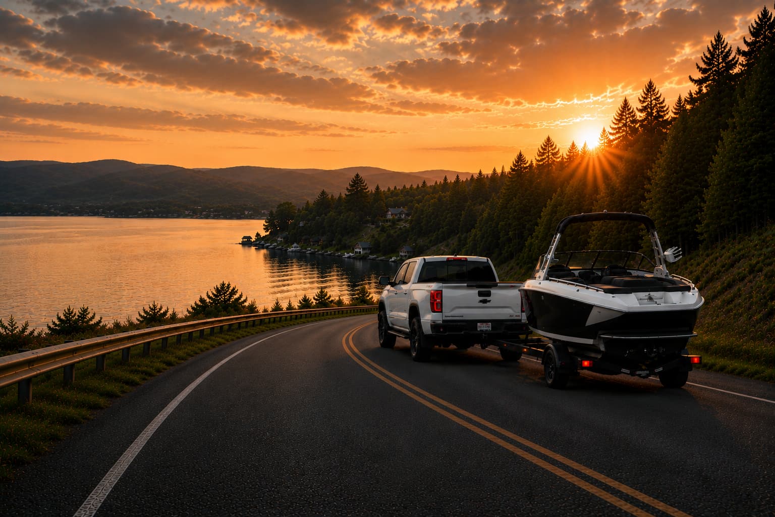 PEC Boat and RV Storage truck towing boat at sunset